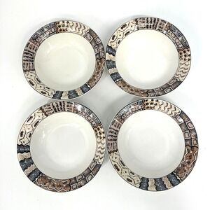 FURIO Soup Salad Cereal Bowls Set of 4 Geometric Mosaic Rim‎ Stoneware Brown 8"